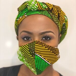 Vibrant Green and Yellow Headwrap and Face Mask Set
